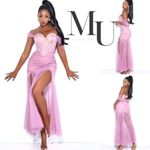💞Yaira Blush Lace Mesh Off Shoulder Corset Maxi Dress💜